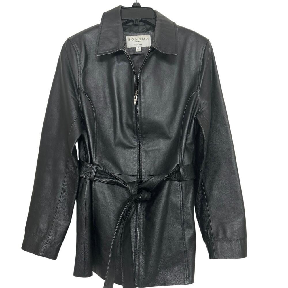 100% Leather Belted Zip Coat/Jacket Black Pockets Minimalist S Classic Sonoma
